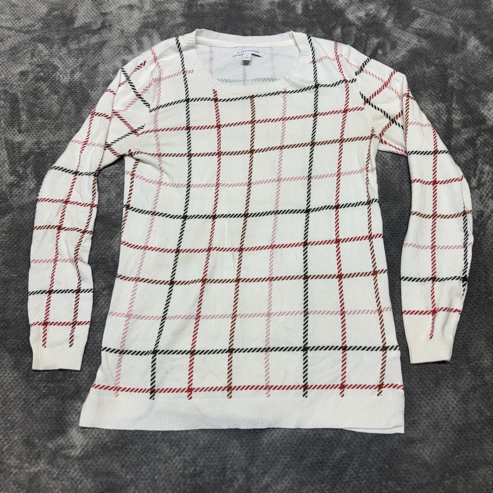 41 Hawthorn Womens White Grid Plaid Crew Neck Sweater WGS10536 Medium - Picture 1 of 7